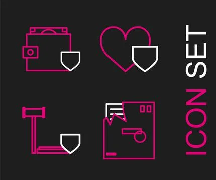 Set line Ordered envelope, Judge gavel with shield, Heart and Wallet and mo.. Illustrazione stock