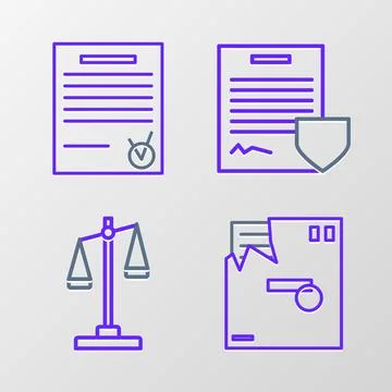 Set line Ordered envelope, Scales of justice, Contract with shield and Conf.. Illustrazione stock