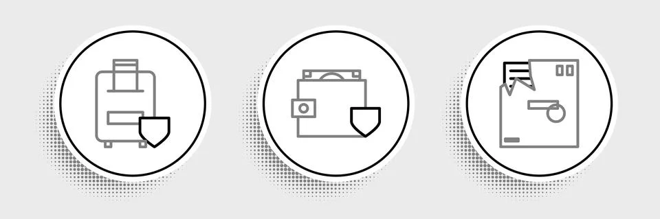 Set line Ordered envelope, Traveling baggage insurance and Wallet and money with Illustrazione stock