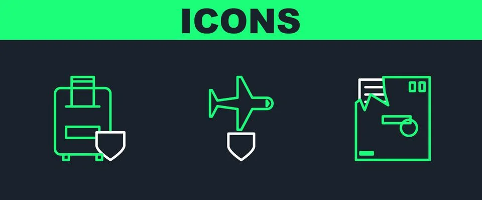 Set line Ordered envelope, Traveling baggage insurance and Plane with shield  Stock Illustration