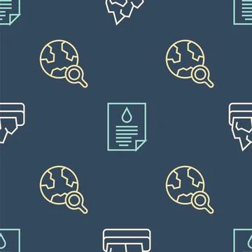 Set line Ore mining, Magnifying glass with globe and Oil drop document on Illustrazione stock