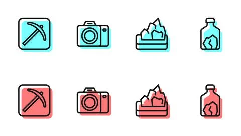 Set line Ore mining, Pickaxe, Photo camera and  icon. Vector Illustrazione stock