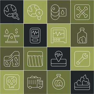 Set line Ore mining, Wrench spanner, Barrel oil, Seismograph, Oil money Stock Illustration