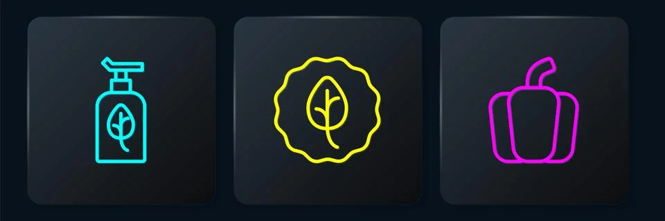 Set line Organic cosmetic, Bell pepper and Leaf or leaves. Black square button Stock Illustration