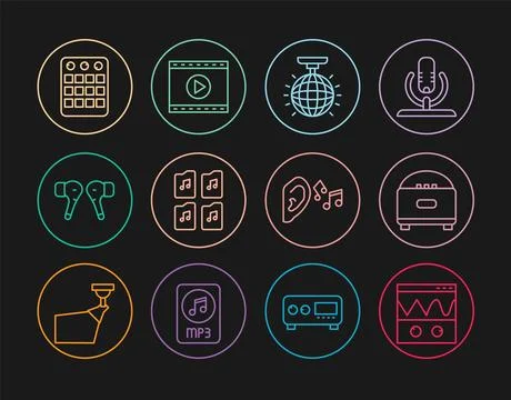 Set line Oscilloscope, Stereo speaker, Disco ball, Music file document, Air.. Stock Illustration