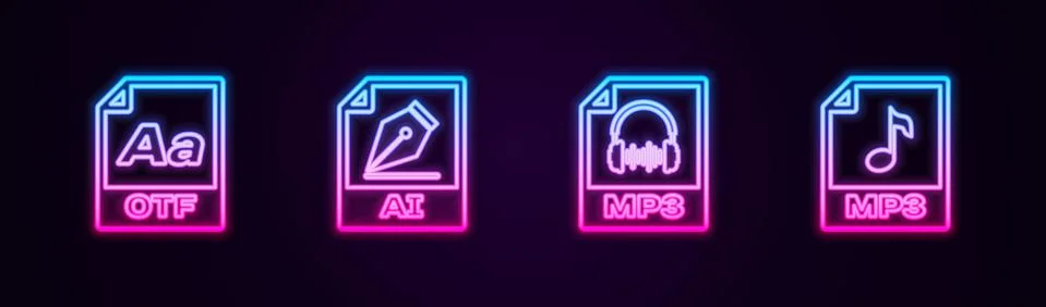 Set line OTF file document, AI, MP3 and . Glowing neon icon. Vector イラスト素材