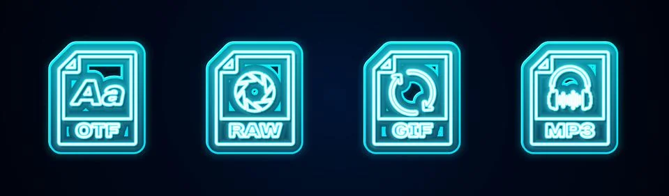 Set line OTF file document, RAW, GIF and MP3. Glowing neon icon. Vector Stockillustratie