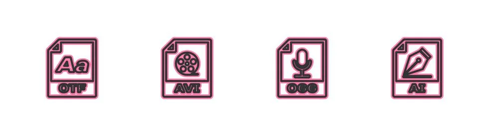 Set line OTF file document, OGG, AVI and AI icon. Vector 库存插图