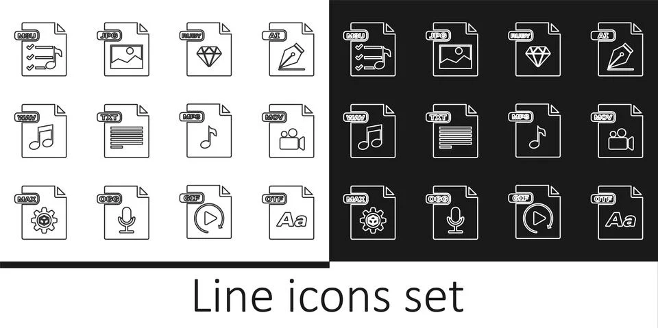 Set line OTF file document, MOV, RUBY, TXT, WAV, M3U, MP3 and JPG icon. Vector Stock Illustration