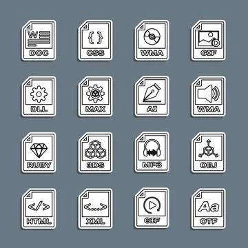Set line OTF file document, OBJ, WMA, MAX, DLL, DOC and AI icon. Vector Stock Illustration