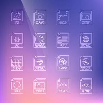 Set line OTF file document, WMA, HTML, SVG, JS, AI and PPT icon. Vector Stock Illustration