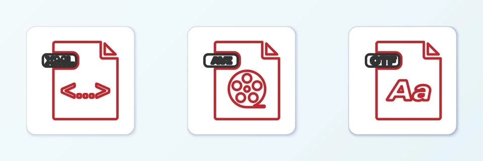Set line OTF file document, XML and AVI icon. Vector Stock Illustration