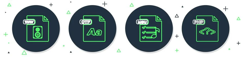 Set line OTF file document, M3U, WAV and PHP icon. Vector Stock Illustration