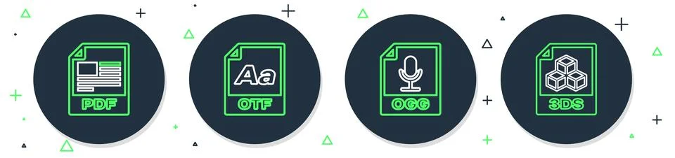 Set line OTF file document, OGG, PDF and 3DS icon. Vector 스톡 일러스트