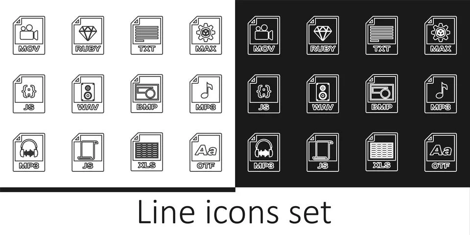 Set line OTF file document, MP3, TXT, WAV, JS, MOV, BMP and RUBY icon. Vector Stock Illustration