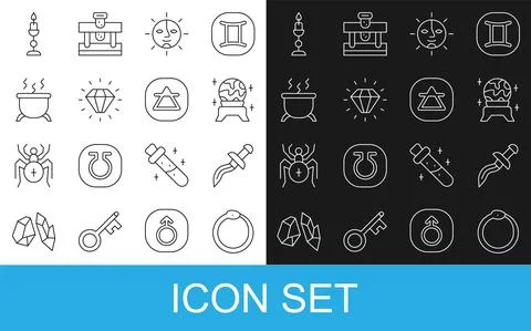 Set line Ouroboros, Dagger, Magic ball, Sun, Diamond, Witch cauldron, Burning Illustrazione stock