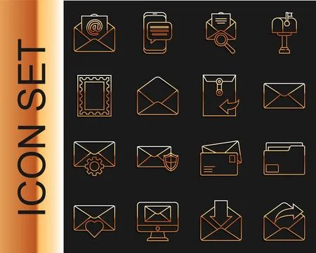 Set line Outgoing mail, Document folder, Envelope, with magnifying glass, P.. Illustrazione stock
