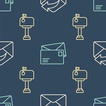 Set line Outgoing mail, Mail box and Envelope on seamless pattern. Vector Stock Illustration
