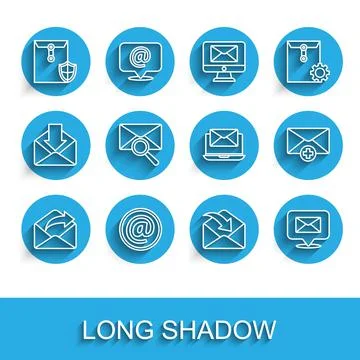 Set line Outgoing mail, Mail and e-mail, Envelope with shield, Speech bubble  Stock Illustration