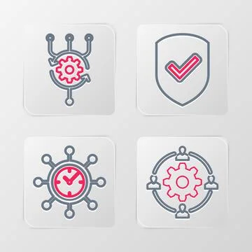 Set line Outsourcing concept Clock and gear Shield with check mark and Algori Stock Illustration