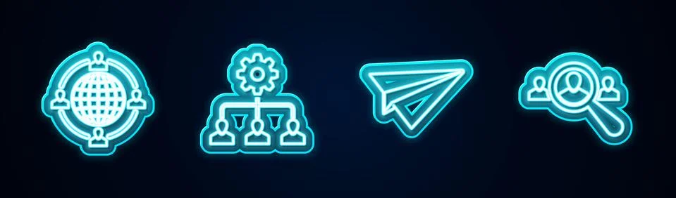 Set line Outsourcing concept, Lead management, Paper plane and Magnifying glass Stock Illustration