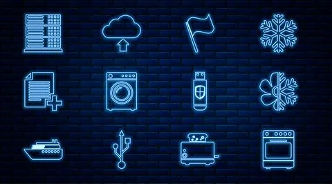 Set line Oven, Air conditioner, Flag, Washer, Add new file, Server, Data, W.. Stock Illustration