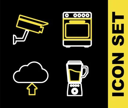 Set line Oven, Blender, Cloud upload and Security camera icon. Vector Stockillustratie