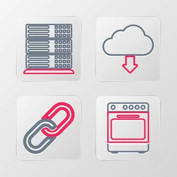 Set line Oven, Chain link, Cloud download and Server, Data, Web Hosting icon. Stock Illustration