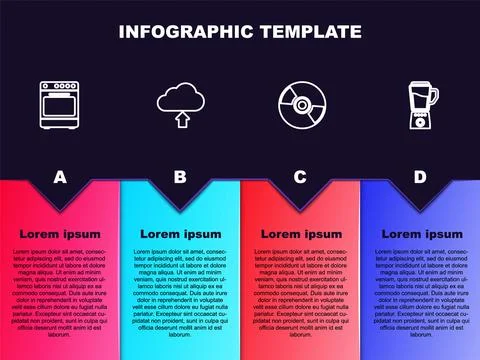 Set line Oven, Cloud upload, CD or DVD disk and Blender. Business infographic Stock Illustration