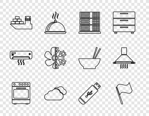 Set line Oven, Flag, Server, Data, Web Hosting, Cloud, Cargo ship, Air Stock Illustration