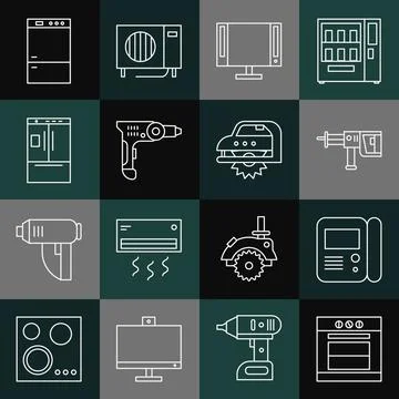 Set line Oven, House intercom system, Rotary hammer drill machine, Smart Tv Illustrazione stock