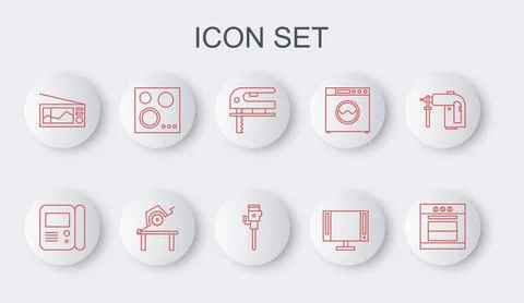 Set line Oven, House intercom system, Electric jigsaw, Smart Tv, Radio, Gas Illustrazione stock