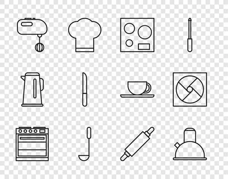 Set line Oven, Kettle with handle, Electric stove, Kitchen ladle, mixer, Kn.. Illustration