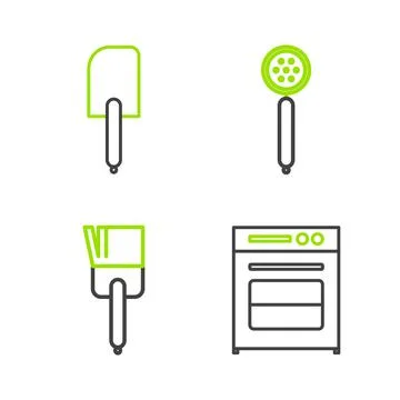 Set line Oven, Kitchen brush, Strainer spoon and Spatula icon. Vector Stock Illustration