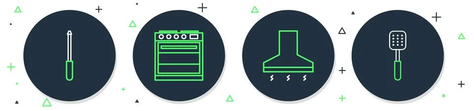 Set line Oven, Kitchen extractor fan, Knife sharpener and Spatula icon. Vecto Stock Illustration