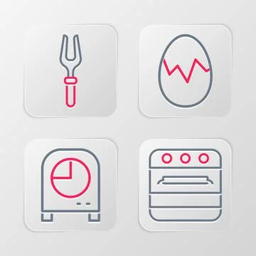 Set line Oven, Kitchen timer, Broken egg and Barbecue fork icon. Vector Stock Illustration
