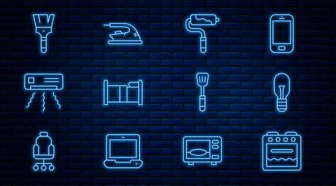 Set line Oven, Light bulb, Paint roller brush, Bed, Air conditioner, Spatula and Stock Illustration