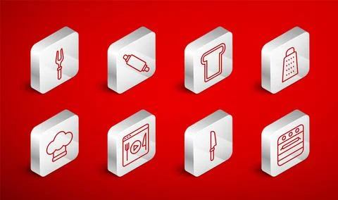 Set line Oven, Rolling pin, Bread toast, Grater, Knife, Barbecue fork, Cooking Stock Illustration