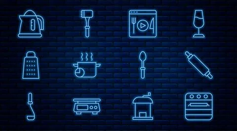 Set line Oven, Rolling pin, Cooking live streaming, pot, Grater, Electric k.. Illustration
