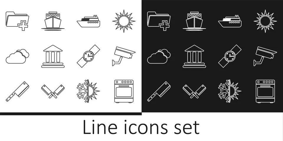 Set line Oven, Security camera, Ship, Bank building, Cloud, Add new folder 스톡 일러스트