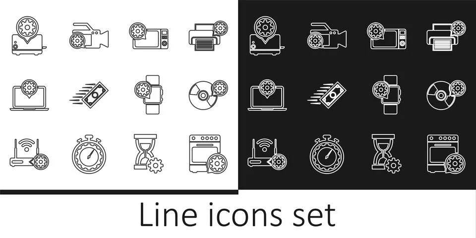 Set line Oven setting, CD or DVD disk, Microwave oven, Fast payments, Lapto.. Stock Illustration