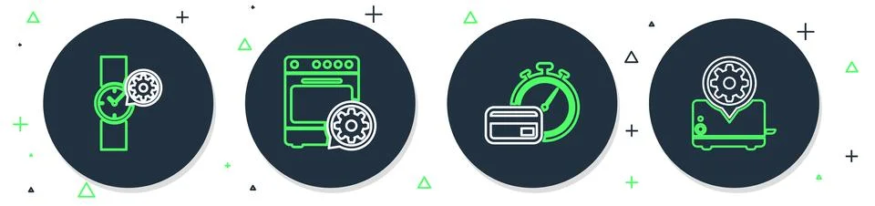 Set line Oven setting, Fast payments, Wrist watch and Toaster icon. Vector Иллюстрация