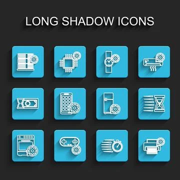 Set line Oven setting, Gamepad, Server, Stopwatch, Printer, Mobile Apps, Old Stock Illustration