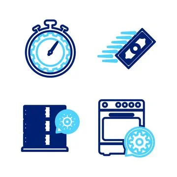 Set line Oven setting, Server, Fast payments and Time management icon. Vector Stock Illustration