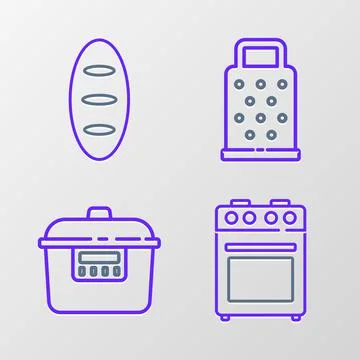 Set line Oven, Slow cooker, Grater and Bread loaf icon. Vector Stock Illustration