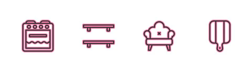 Set line Oven, Sofa, Empty wooden shelves and Cutting board icon. Vector Stock Illustration