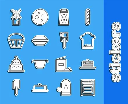 Set line Oven, Stack of pancakes, Chef hat, Grater, Macaron cookie, Muffin Stock Illustration