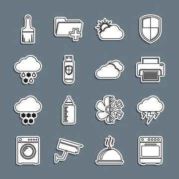 Set line Oven, Storm, Printer, Sun and cloud weather, USB flash drive shiel.. Stock Illustration