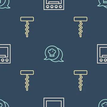 Set line Oven, Wine corkscrew and Chef hat speech bubble on seamless pattern Stock Illustration