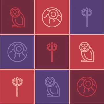 Set line Owl bird, Trident devil and Eye icon. Vector Stock Illustration